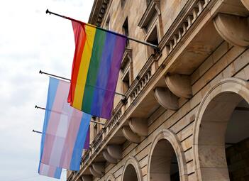 Vergrößerte Ansicht von Die Trans*Pride-Flaggen am Rathaus