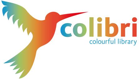 Vergrößerte Ansicht von Grafik eines bunten Colibris, daneben der bunte Schriftzug "Colibri - colourful library"