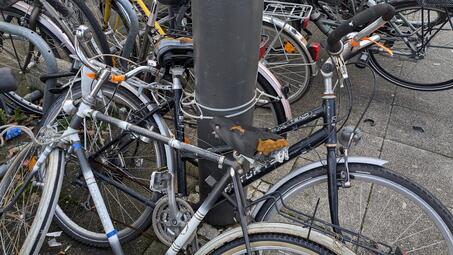 Vergrößerte Ansicht von Dieses aufgegebene Fahrrad erfüllt folgende Indizien: Platten, Sattel kaputt, erschwerte Reinigung