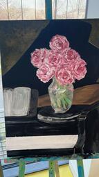 Vergrößerte Ansicht von Gemälde Rosa Blumen in Vase