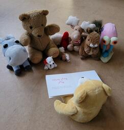 Vergrößerte Ansicht von Eine Gruppe unterschiedlicher Kuscheltiere sitzt vor einem Teddybär, der ein aufgeschlagenes Buch auf dem Schoß hat