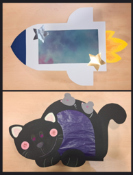 Vergrößerte Ansicht von ein zweigeteiltes Bild mit den beiden Laternenmotiven, die gebastelt werden können: Oben eine Rakete und unten eine schwarze Katze