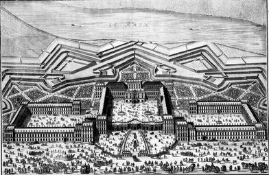 Vergrößerte Ansicht von Vogelschauansicht der neuen Residenz, um 1725
