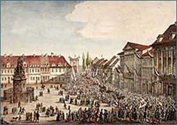 Vergrößerte Ansicht von •Festzug auf dem Marktplatz vorbei an dem beflaggten Bassermannhaus