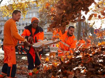 Mitarbeiter des Stadtraumservice beim Beseitigen von Laub