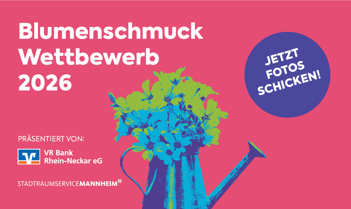 Werbebanner für den Blumenschmuck-Wettbewerb 2026 mit Bild einer Gießkanne, aus der Blumen wachsen, und mit Logo der VR Bank Rhein-Neckar eG